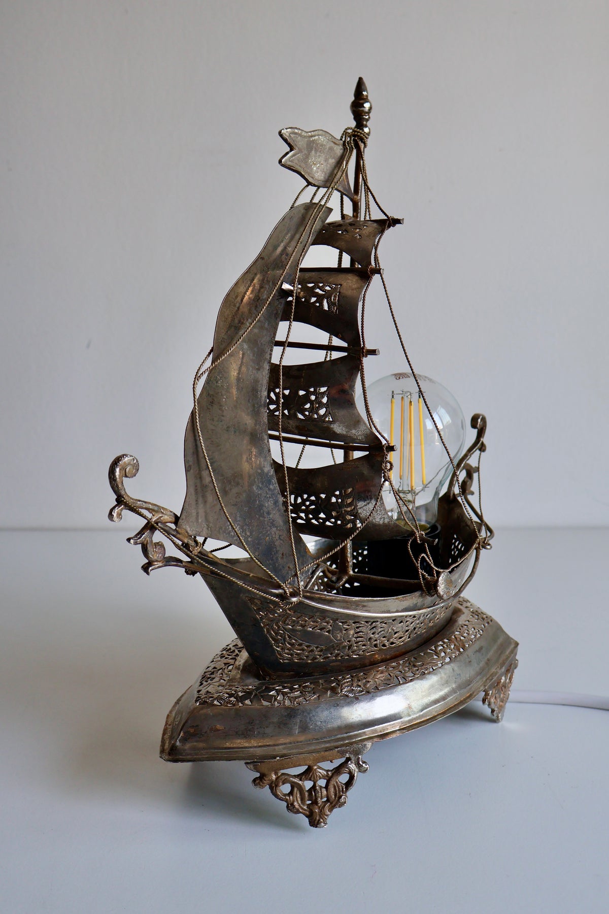 Vintage Ornate Metal Sailing Ship Table Lamp