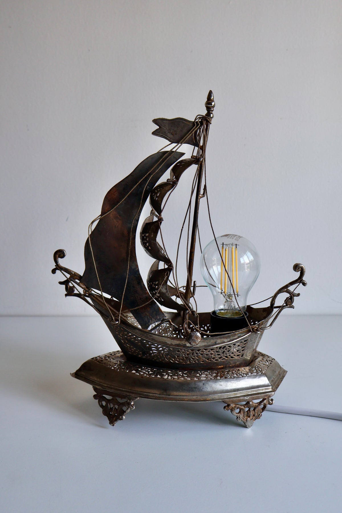 Vintage Ornate Metal Sailing Ship Table Lamp