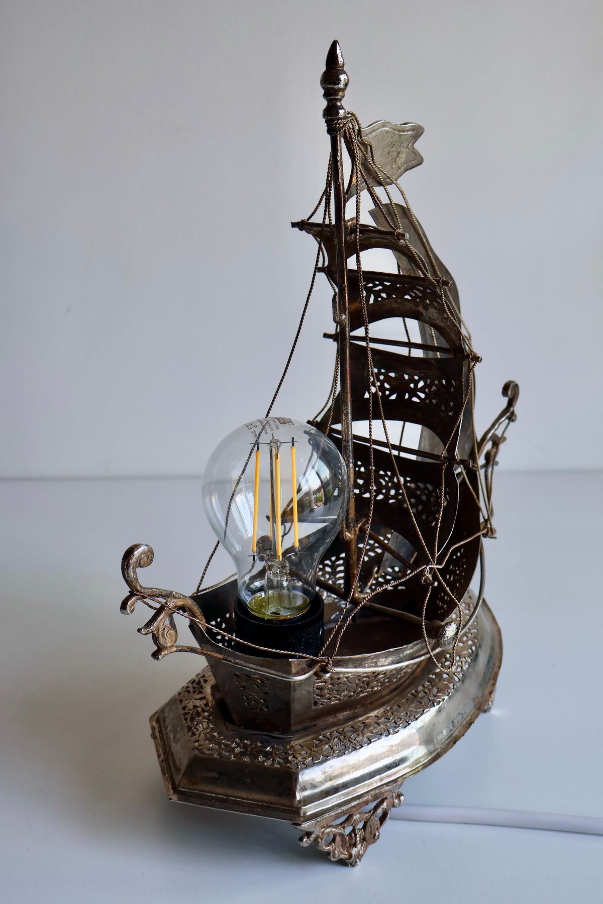 Vintage Ornate Metal Sailing Ship Table Lamp