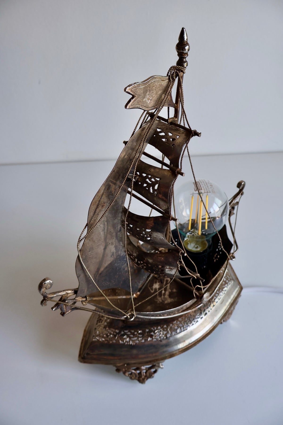 Vintage Ornate Metal Sailing Ship Table Lamp