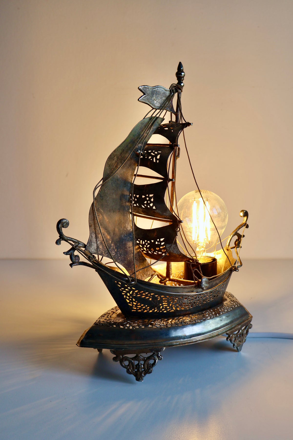 Vintage Ornate Metal Sailing Ship Table Lamp