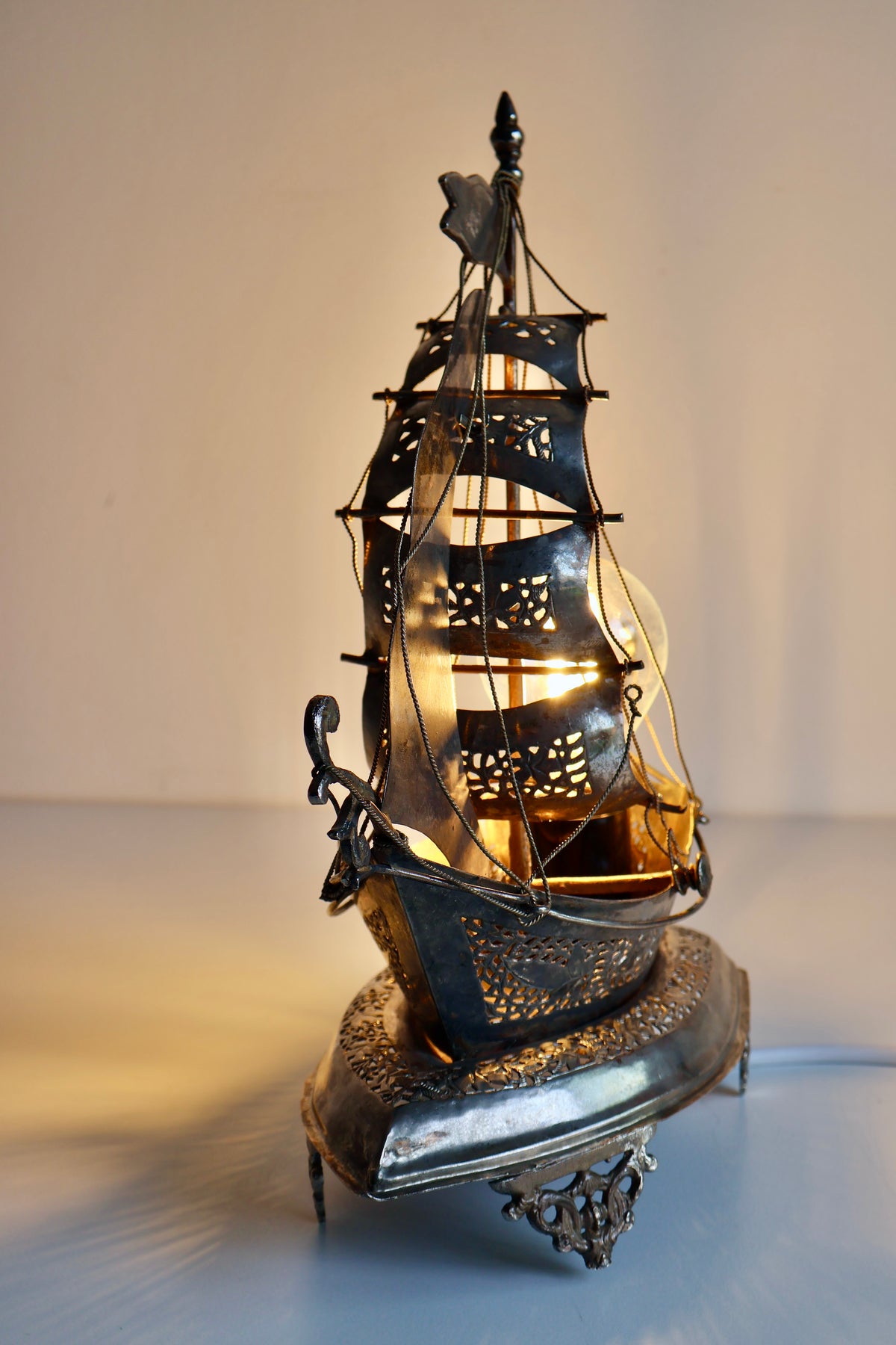 Vintage Ornate Metal Sailing Ship Table Lamp