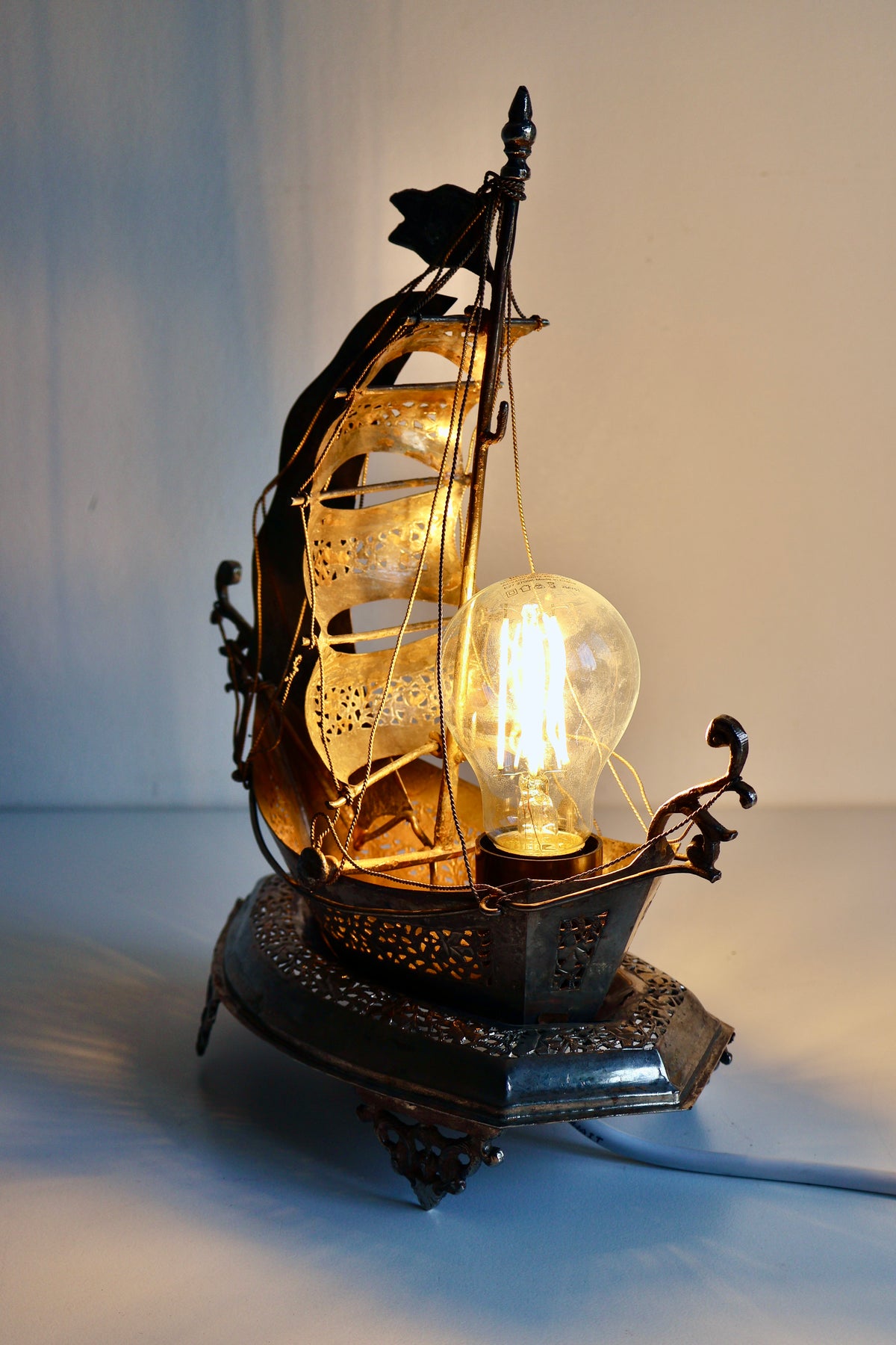 Vintage Ornate Metal Sailing Ship Table Lamp