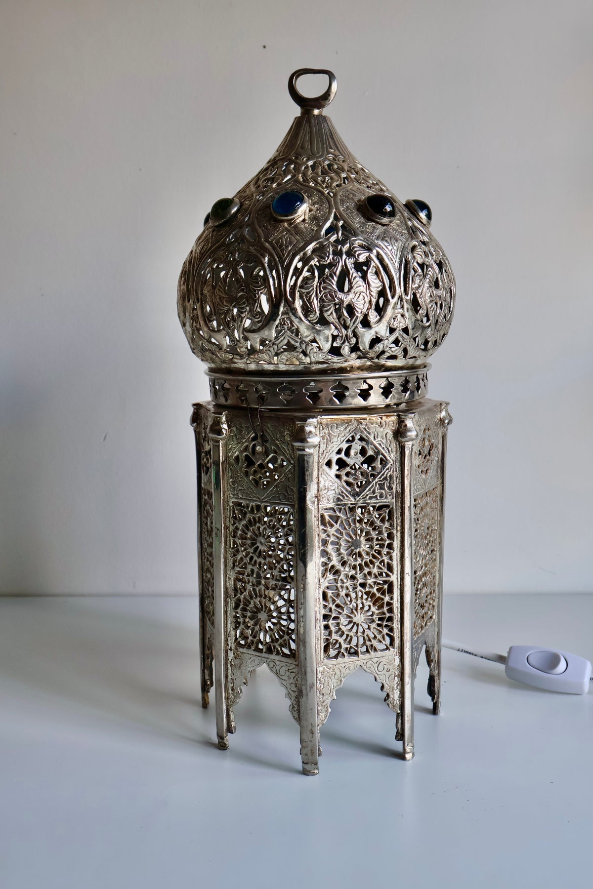 Vintage Moroccan-Style Silver-Tone Pierced Metal Lantern Lamp