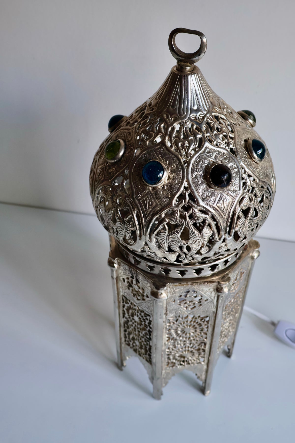 Vintage Moroccan-Style Silver-Tone Pierced Metal Lantern Lamp