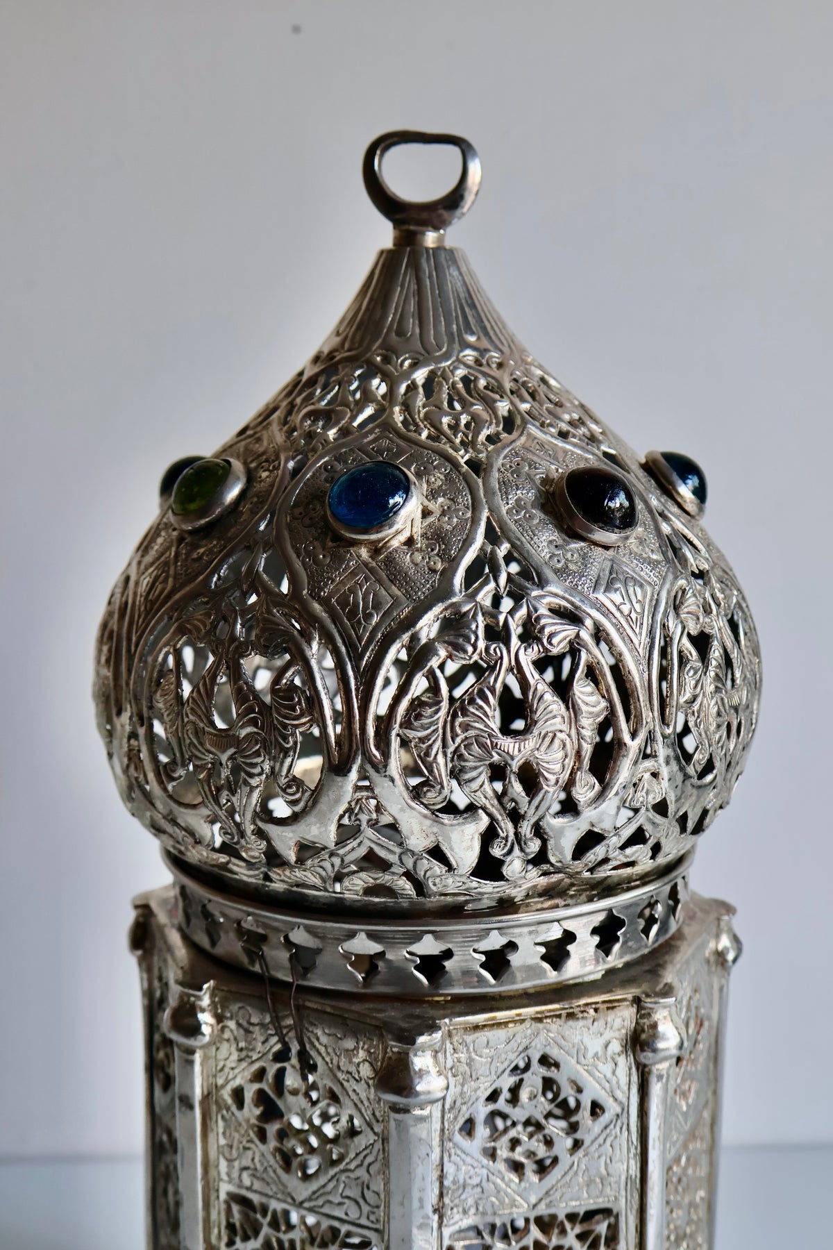 Vintage Moroccan-Style Silver-Tone Pierced Metal Lantern Lamp