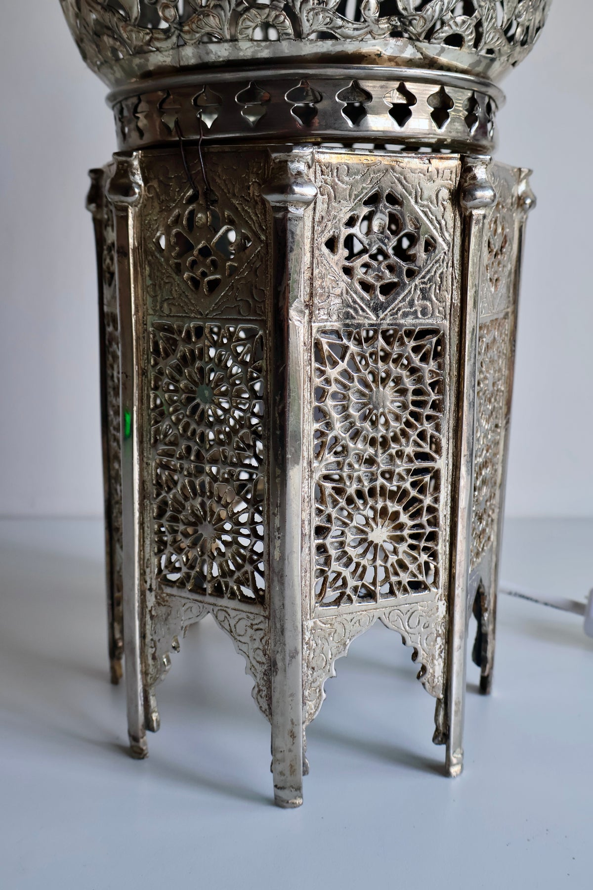 Vintage Moroccan-Style Silver-Tone Pierced Metal Lantern Lamp