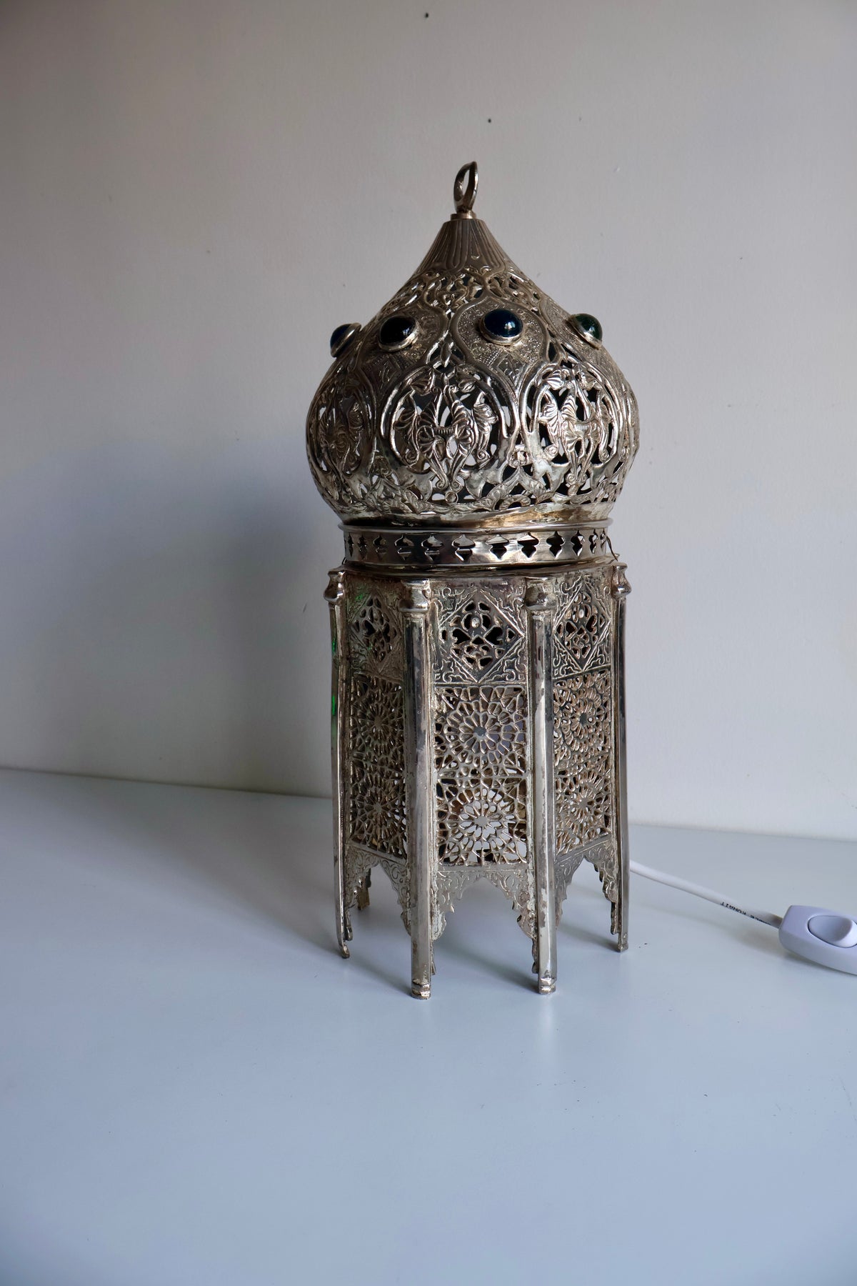Vintage Moroccan-Style Silver-Tone Pierced Metal Lantern Lamp
