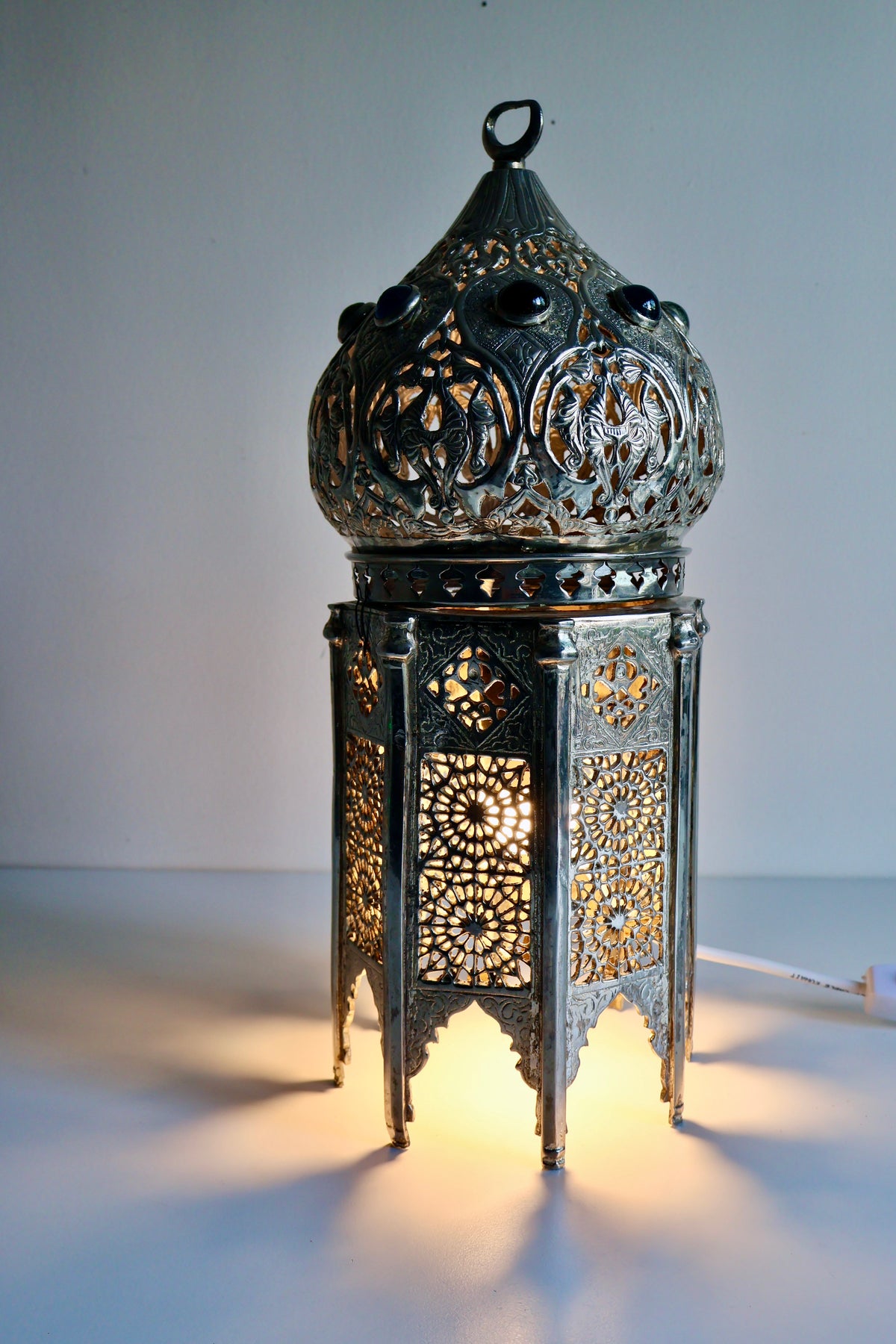 Vintage Moroccan-Style Silver-Tone Pierced Metal Lantern Lamp
