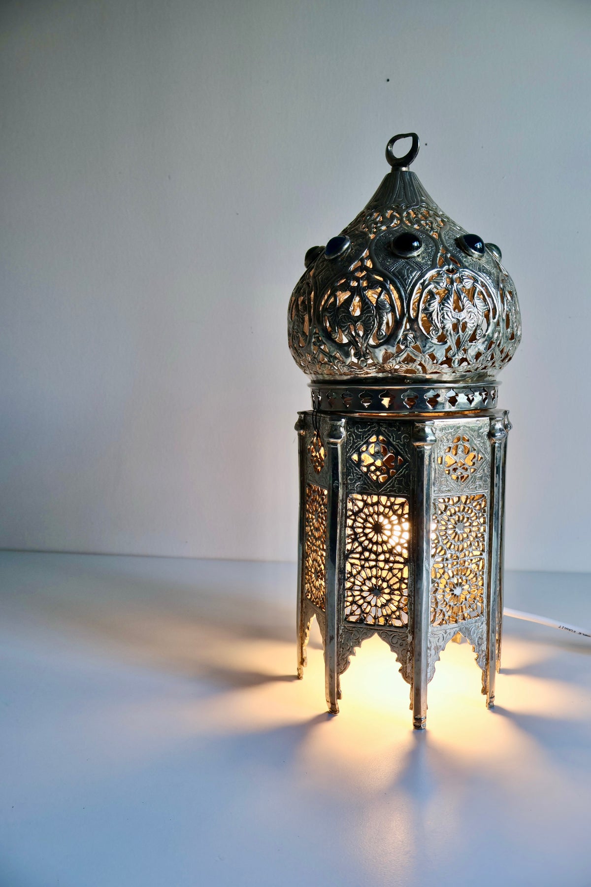 Vintage Moroccan-Style Silver-Tone Pierced Metal Lantern Lamp