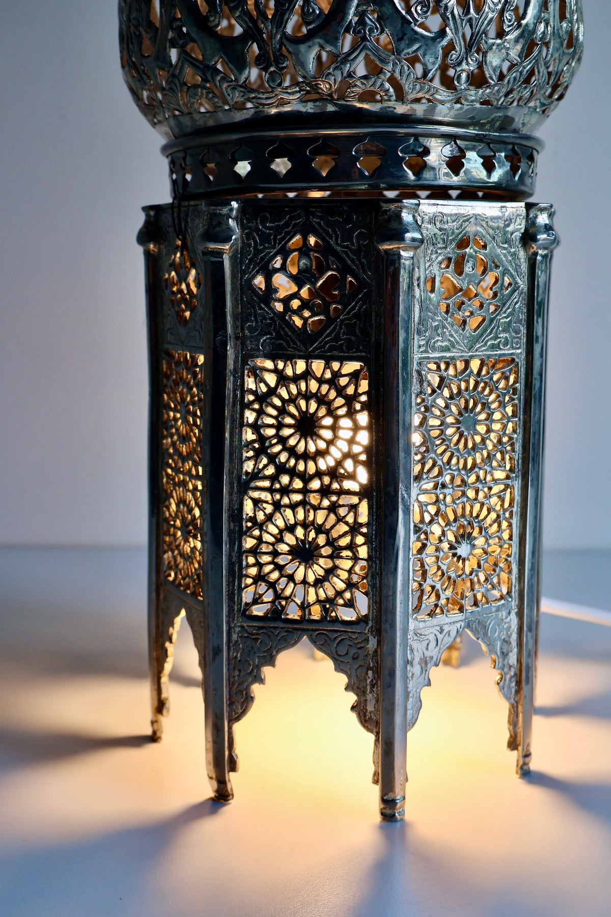 Vintage Moroccan-Style Silver-Tone Pierced Metal Lantern Lamp