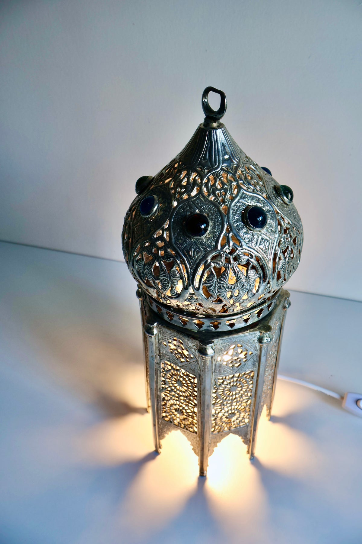 Vintage Moroccan-Style Silver-Tone Pierced Metal Lantern Lamp