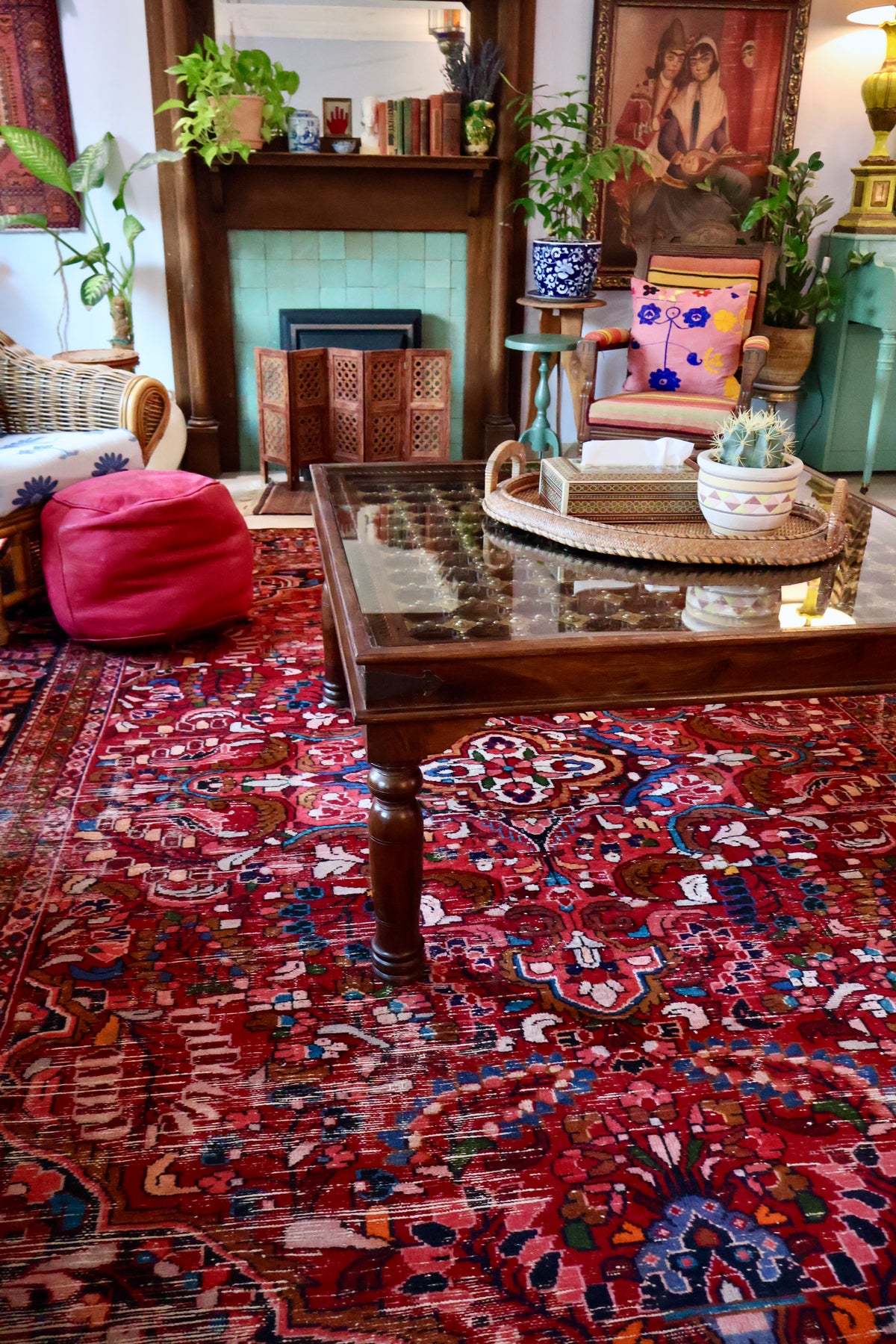 Large Indian Carved Wood & Brass Coffee Table with Glass Top