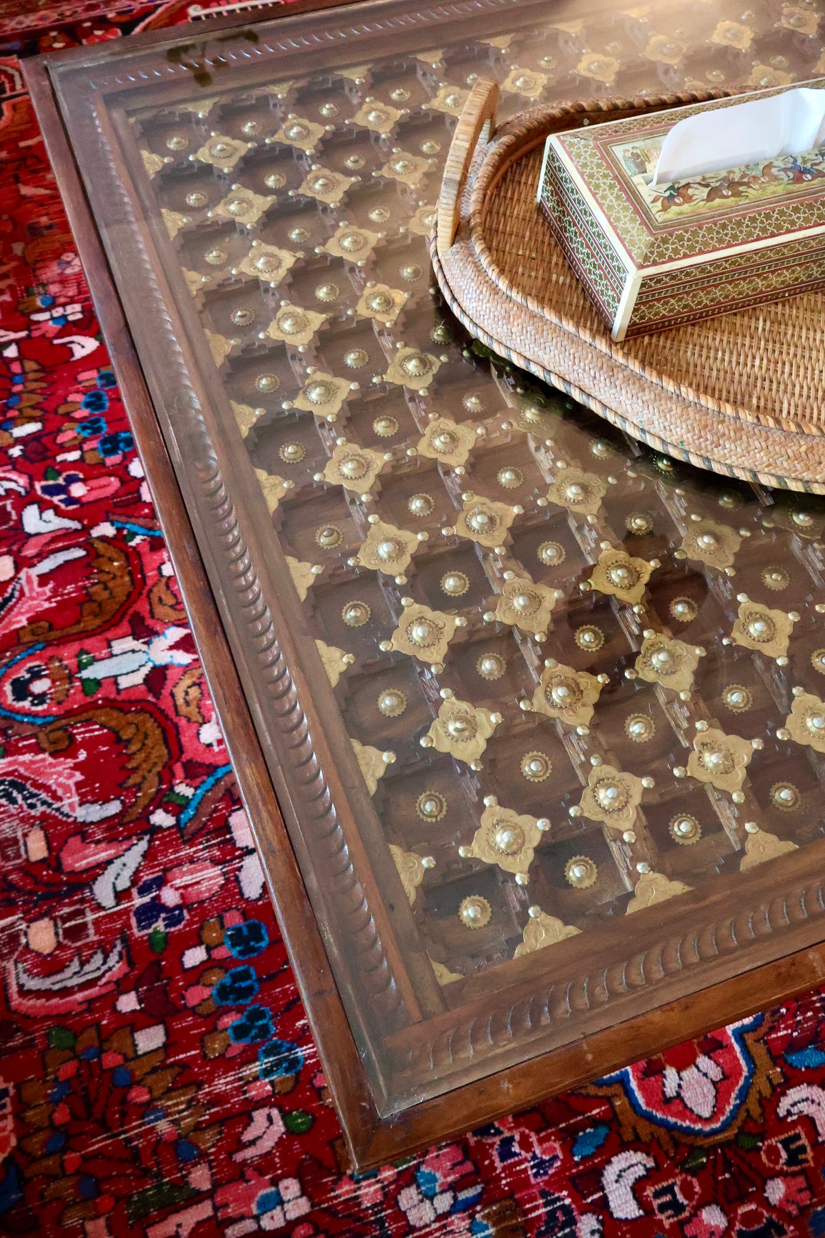 Large Indian Carved Wood & Brass Coffee Table with Glass Top