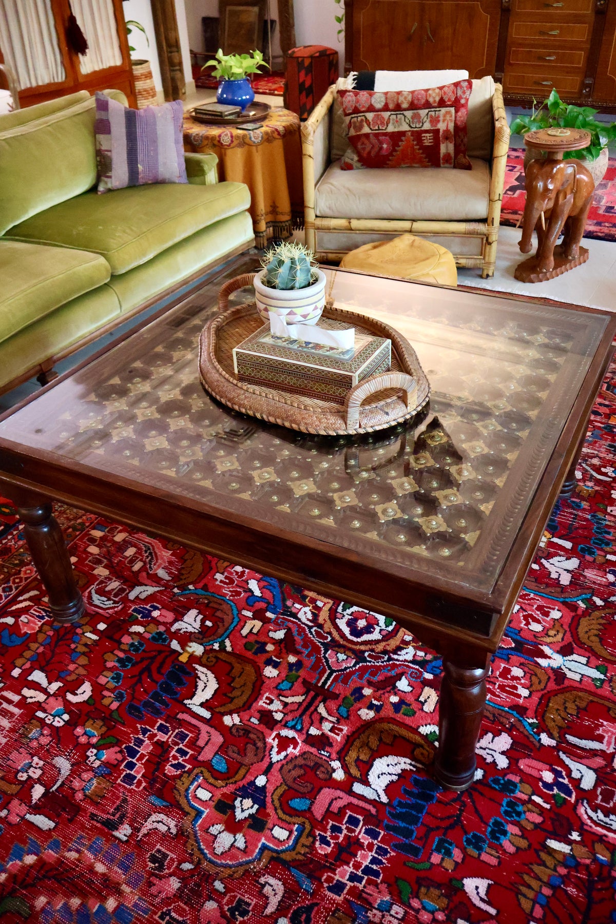 Large Indian Carved Wood & Brass Coffee Table with Glass Top