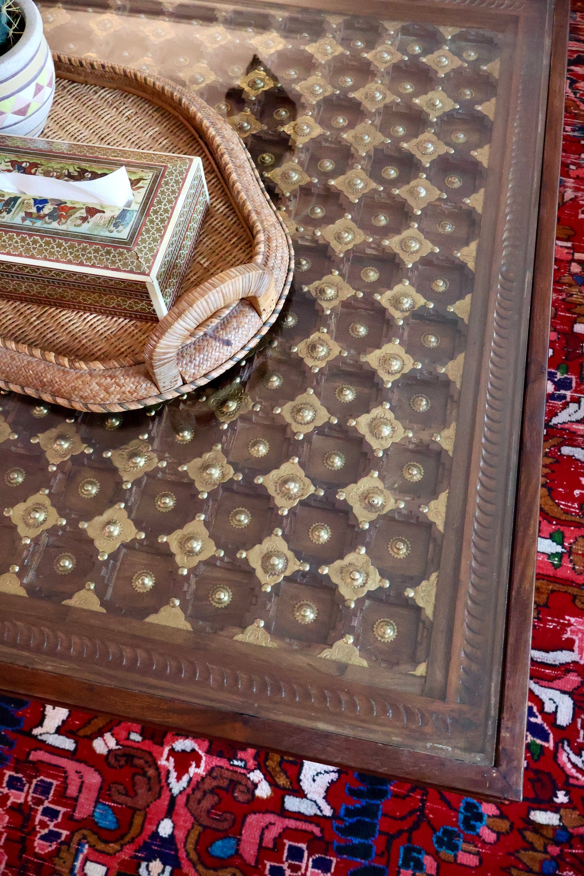 Large Indian Carved Wood & Brass Coffee Table with Glass Top