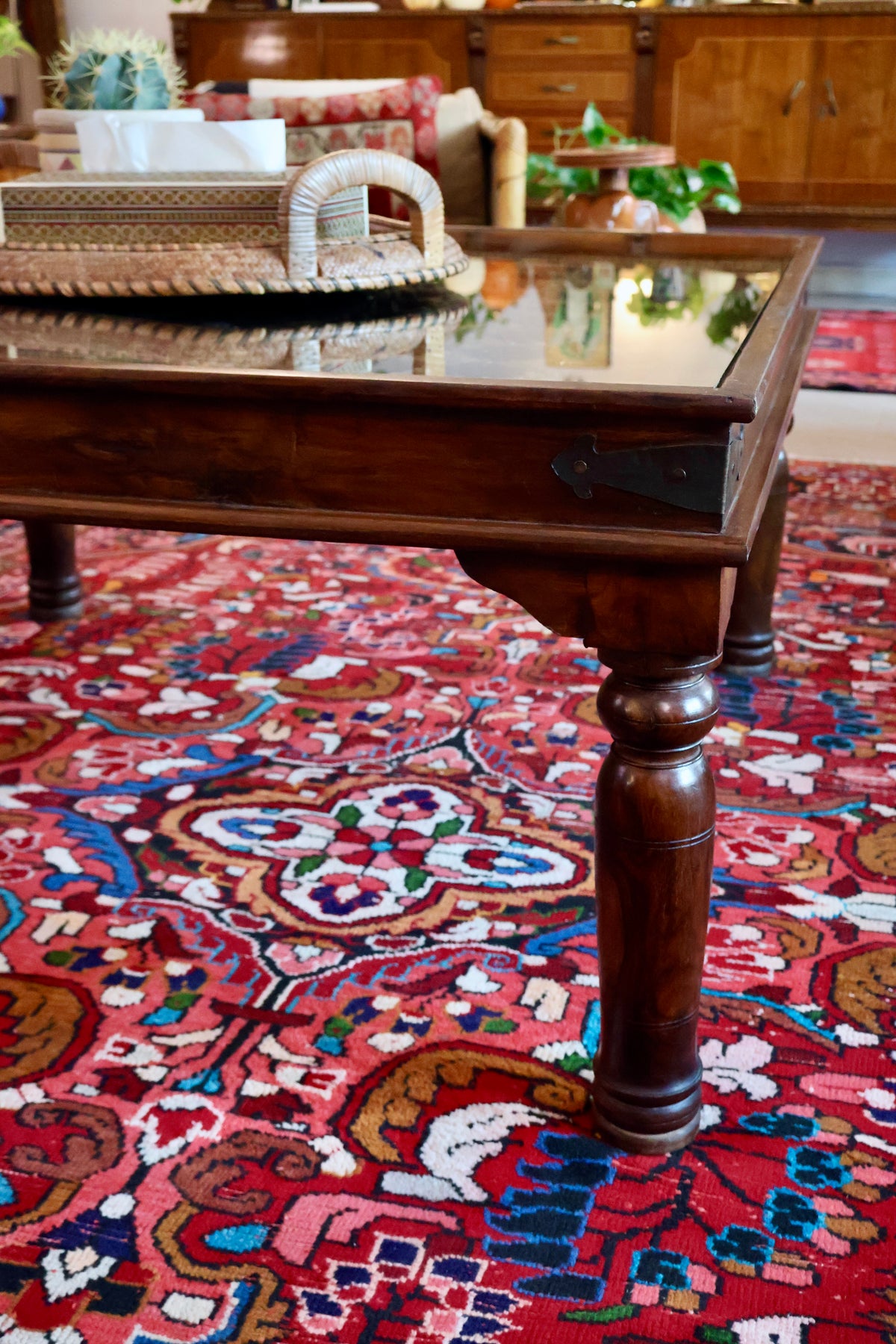 Large Indian Carved Wood & Brass Coffee Table with Glass Top