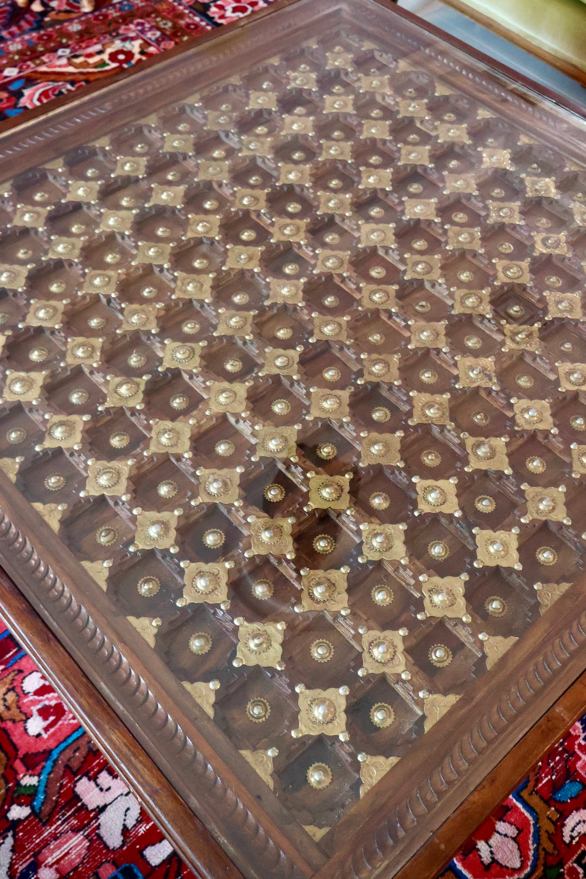 Large Indian Carved Wood & Brass Coffee Table with Glass Top