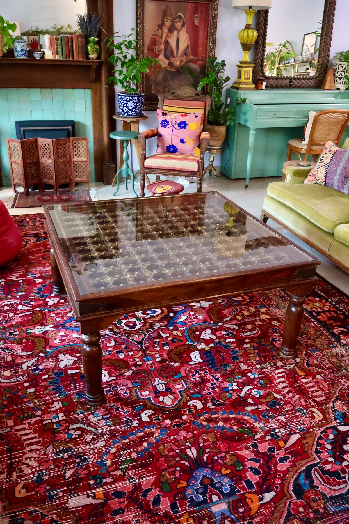 Large Indian Carved Wood & Brass Coffee Table with Glass Top