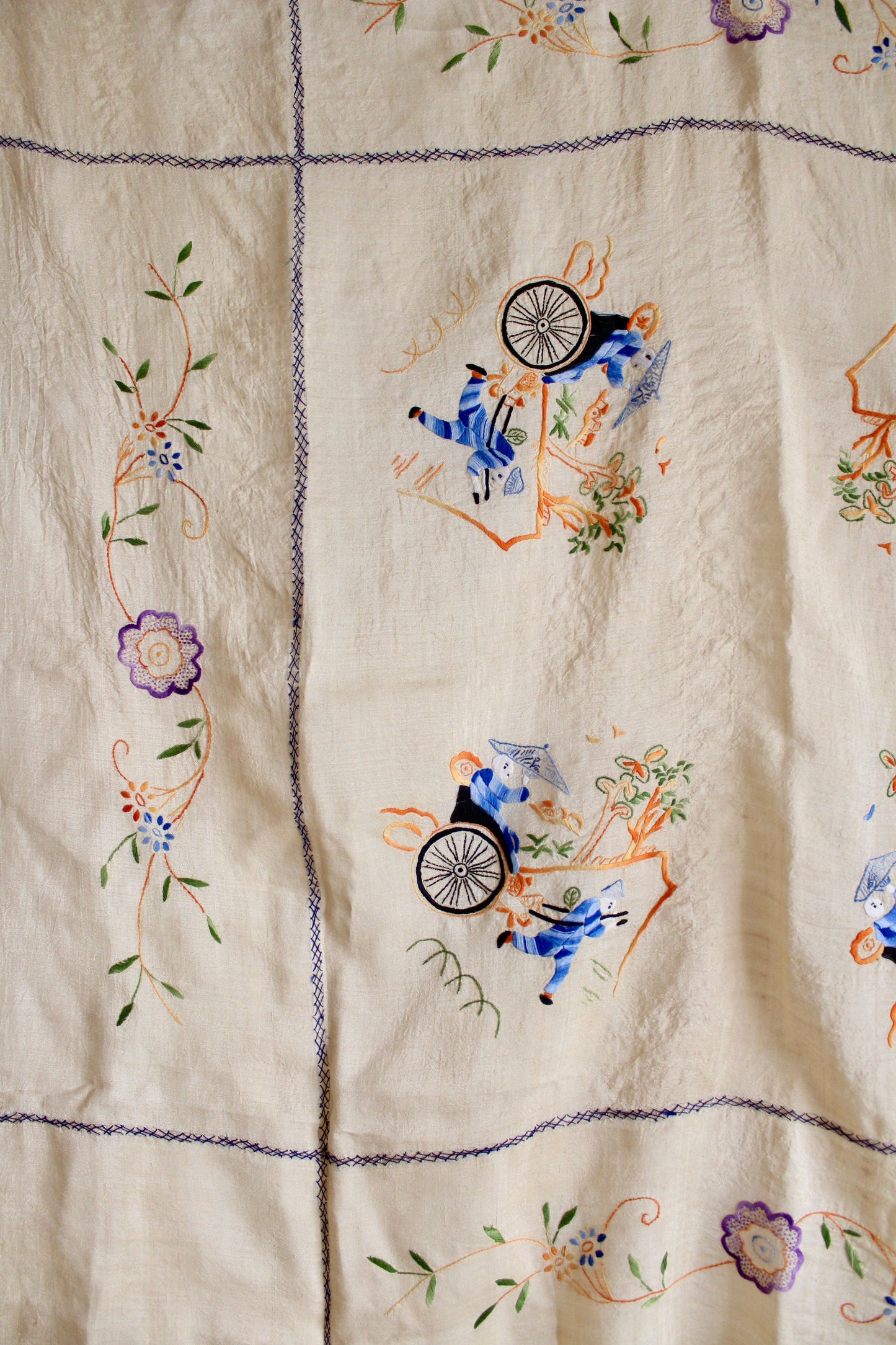 Antique 1930s-1940s Chinoiserie Linen Blend Table Cloth