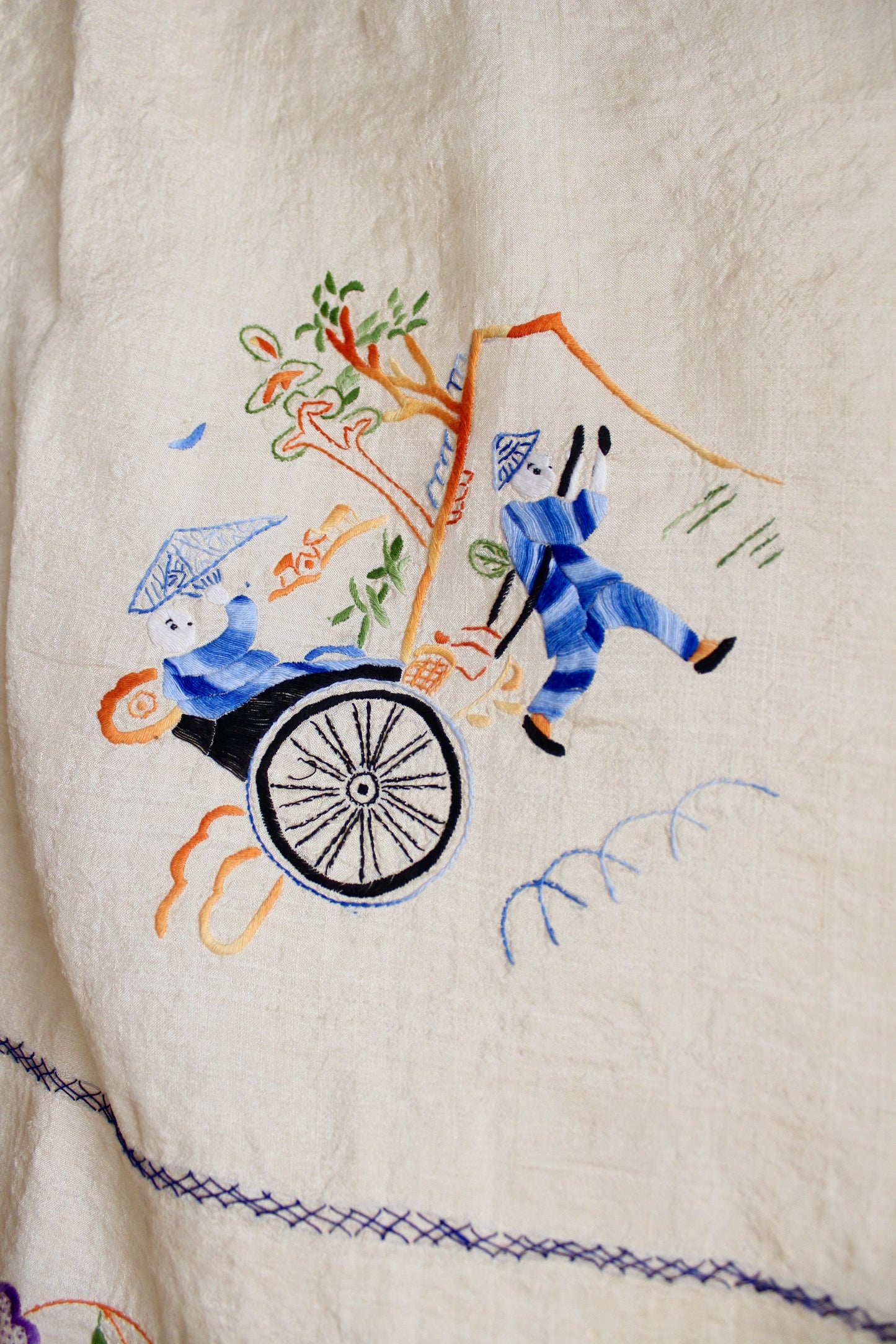 Antique 1930s-1940s Chinoiserie Linen Blend Table Cloth