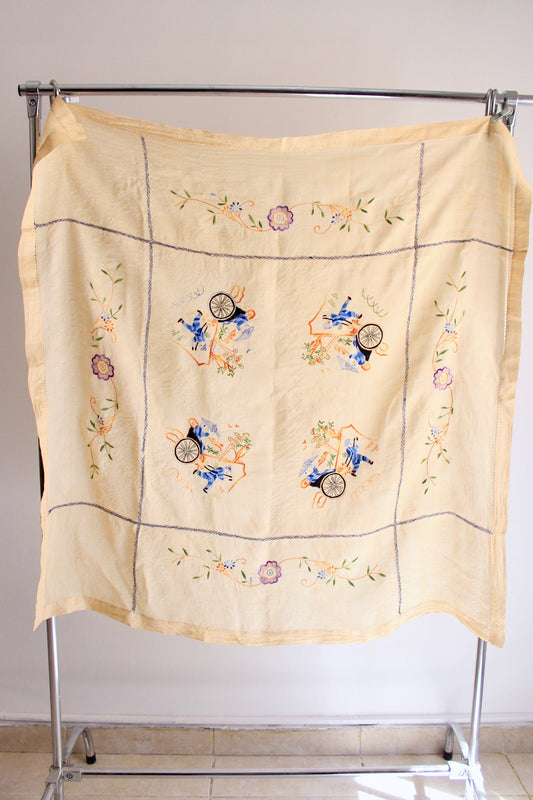 Antique 1930s-1940s Chinoiserie Linen Blend Table Cloth