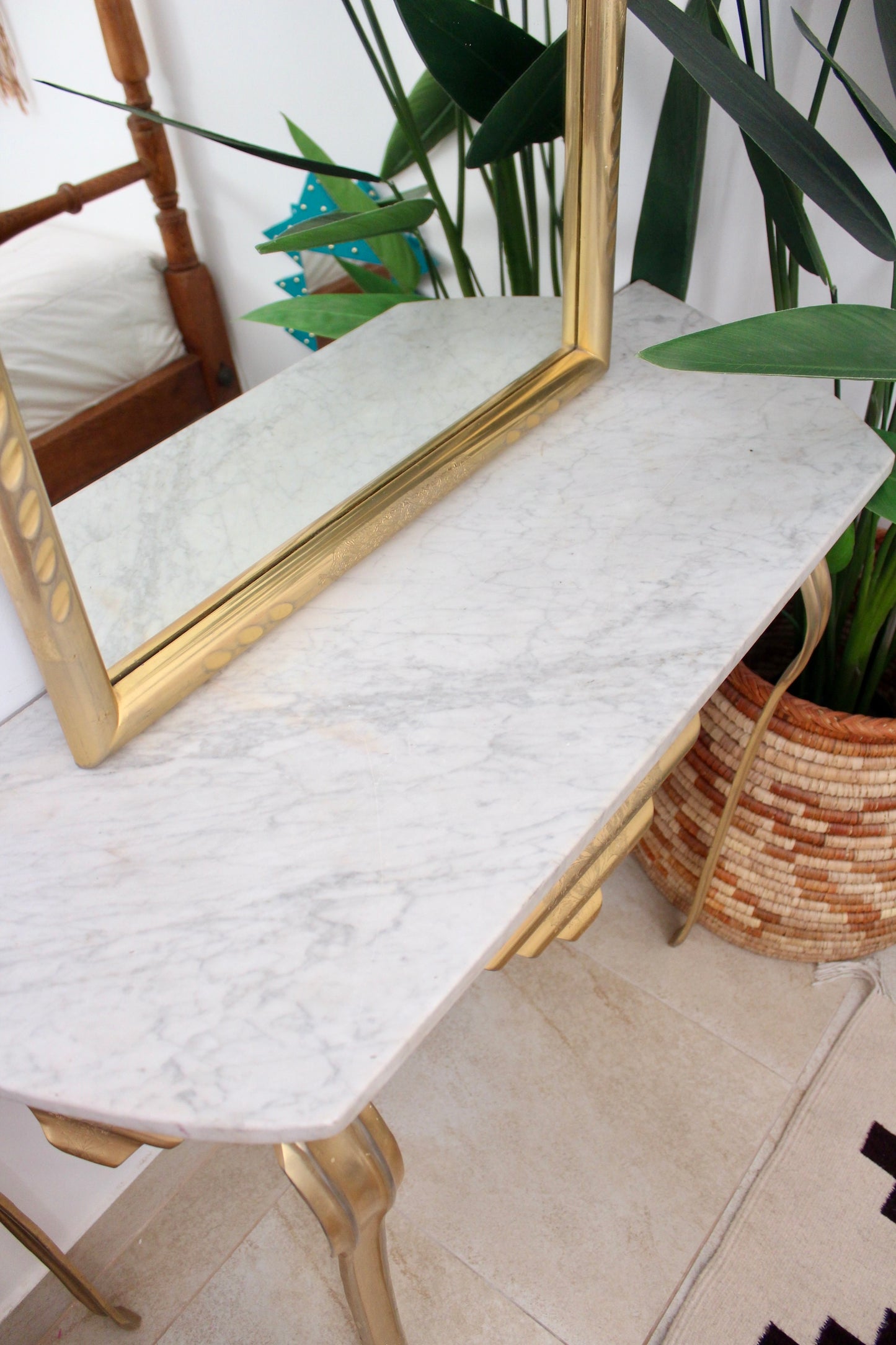 Vintage Brass and Marble Persian Entry Table and Mirror