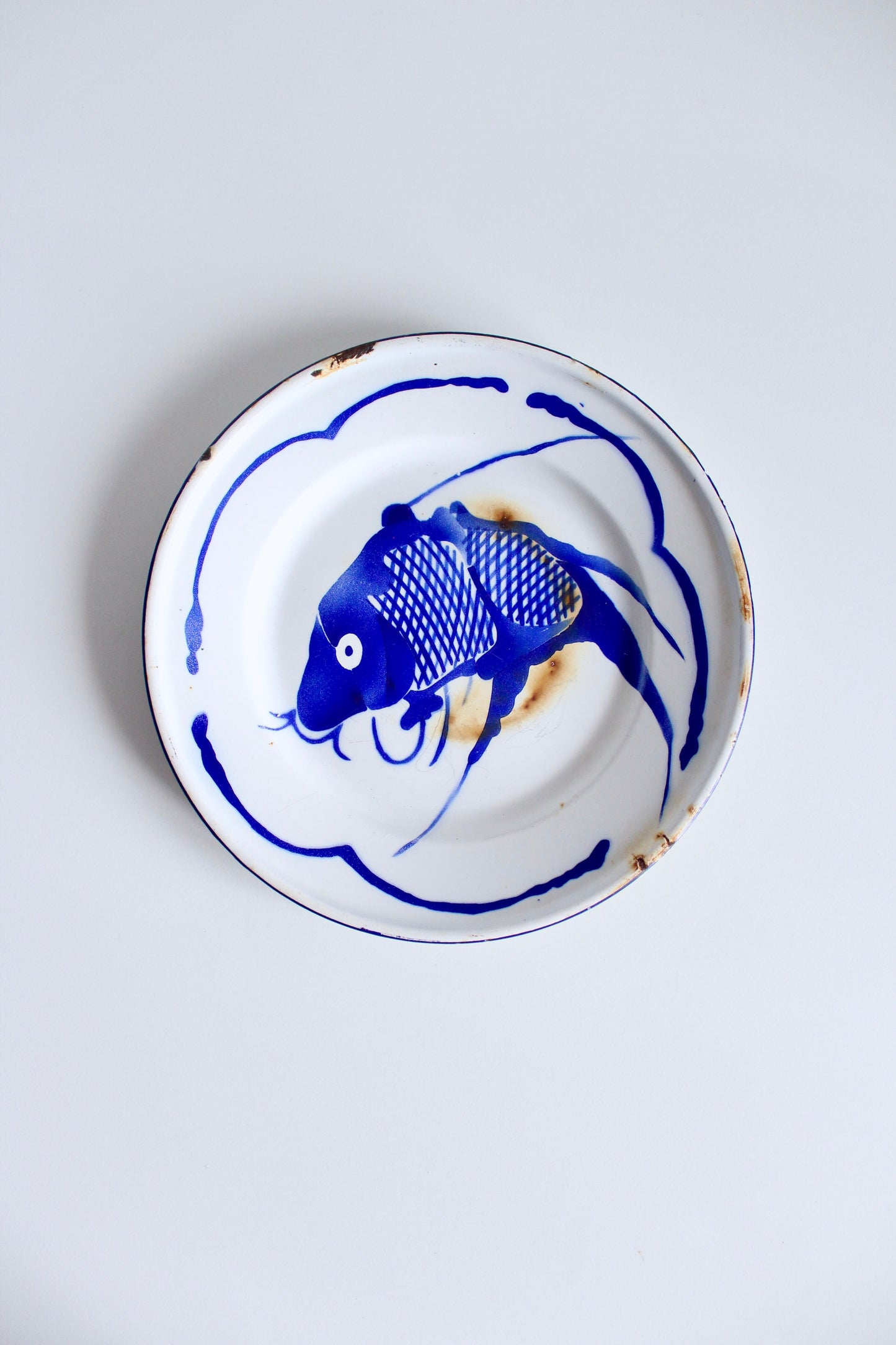 Vintage Enamel Blue Cobalt Fish Plate