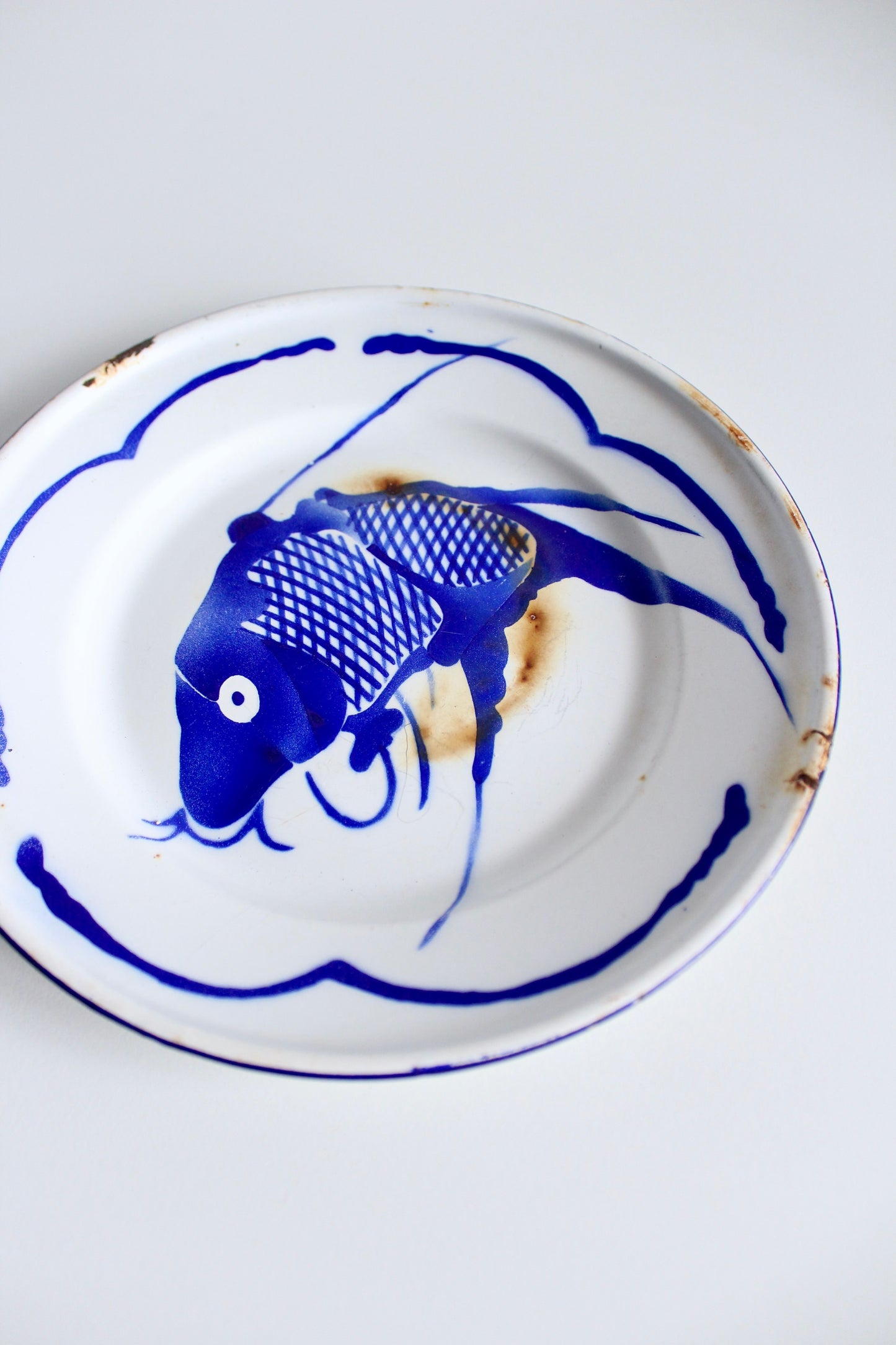 Vintage Enamel Blue Cobalt Fish Plate