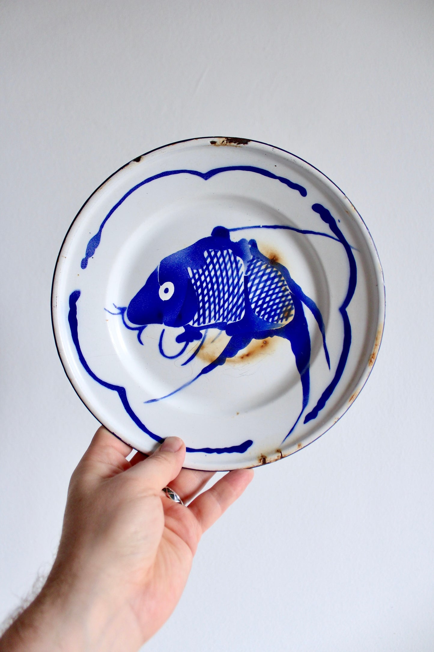 Vintage Enamel Blue Cobalt Fish Plate