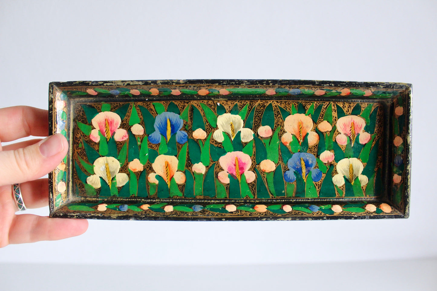 Vintage Handpainted Kashmiri Papier-Mache Tray and Jar