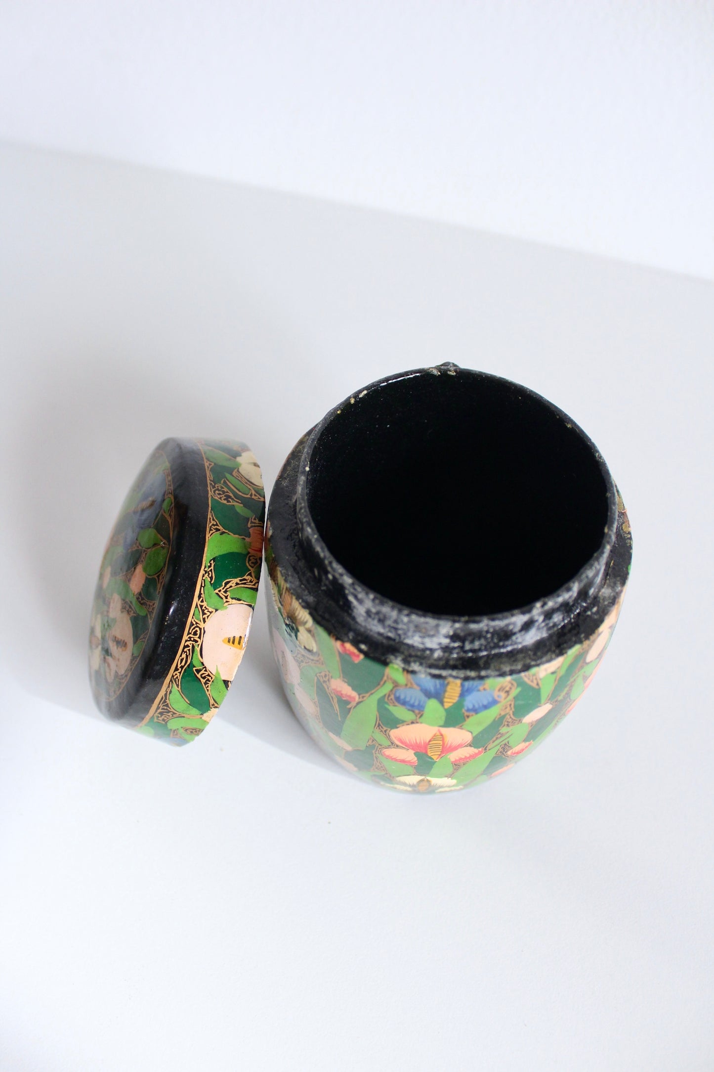 Vintage Handpainted Kashmiri Papier-Mache Tray and Jar