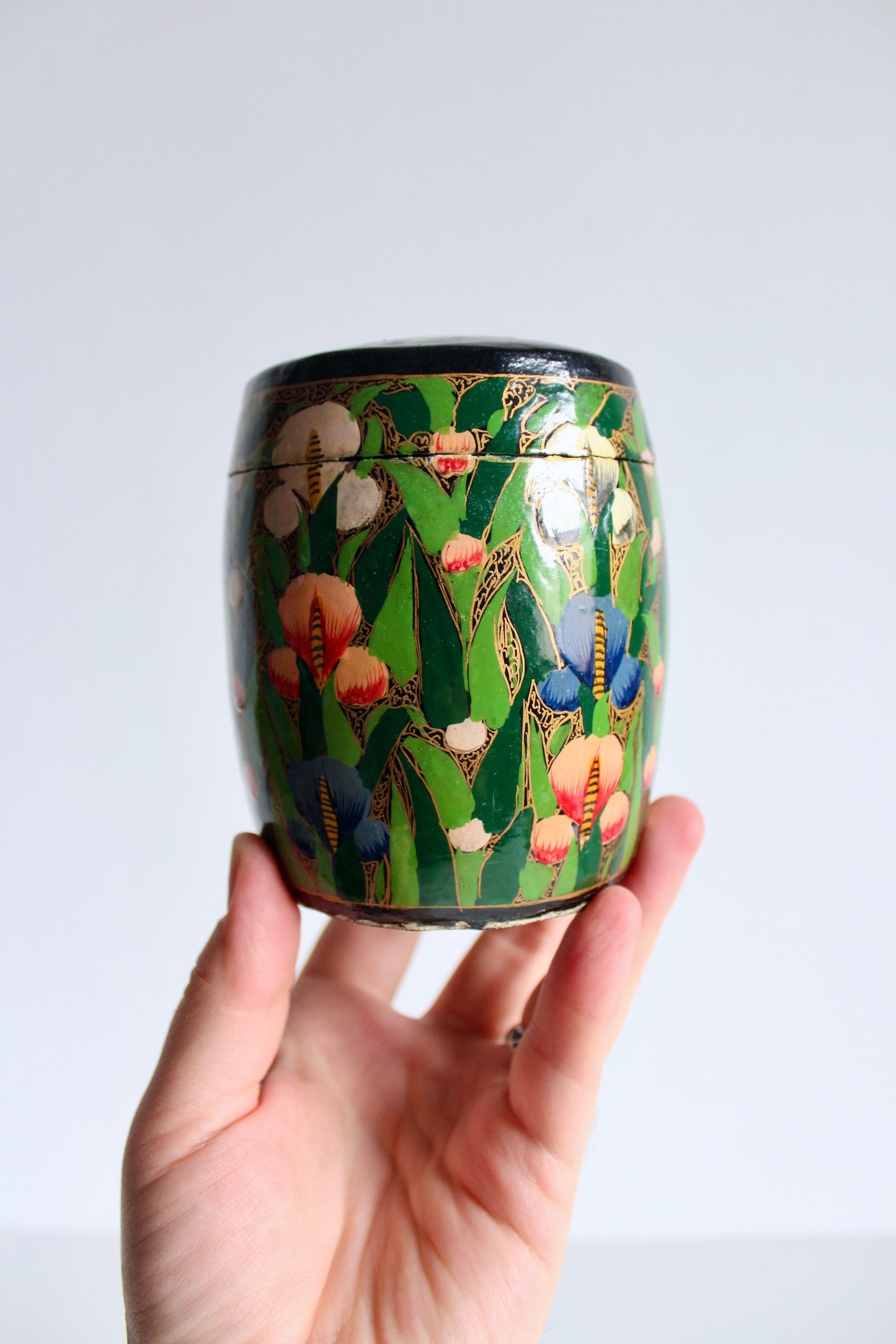 Vintage Handpainted Kashmiri Papier-Mache Tray and Jar