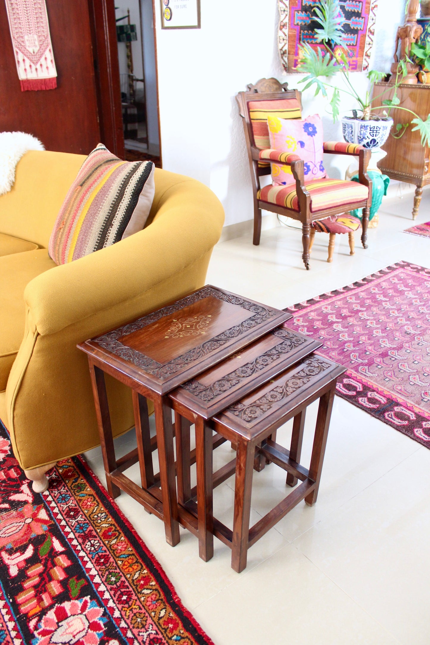 Vintage Rosewood Pakistani Carved Nesting Tables