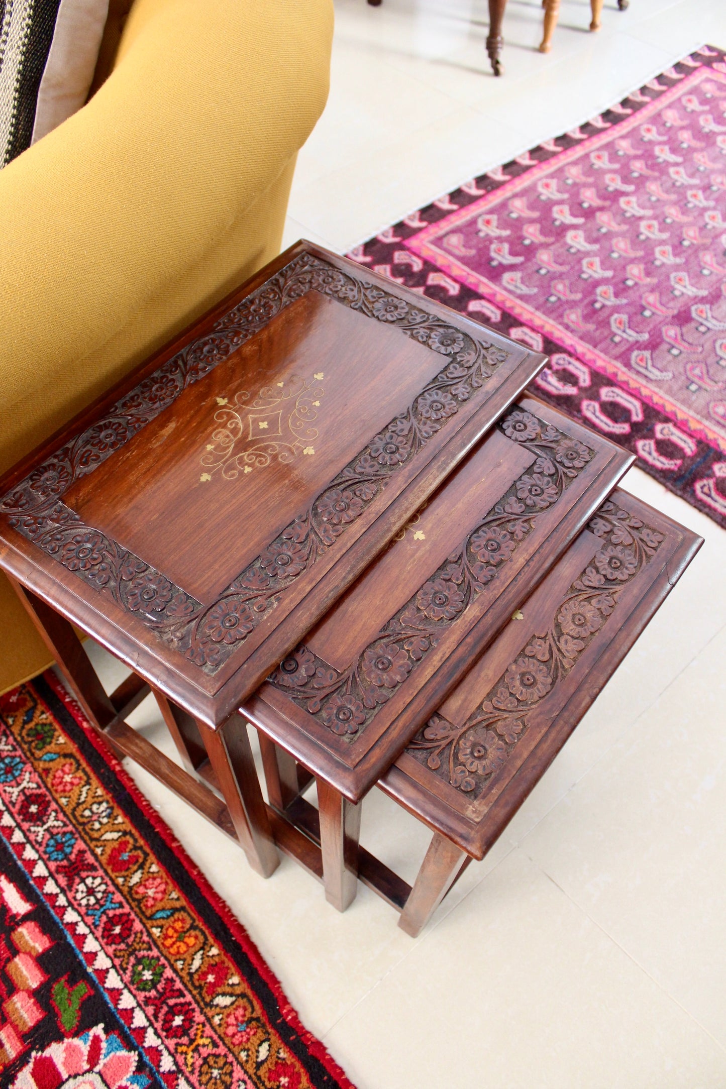 Vintage Rosewood Pakistani Carved Nesting Tables