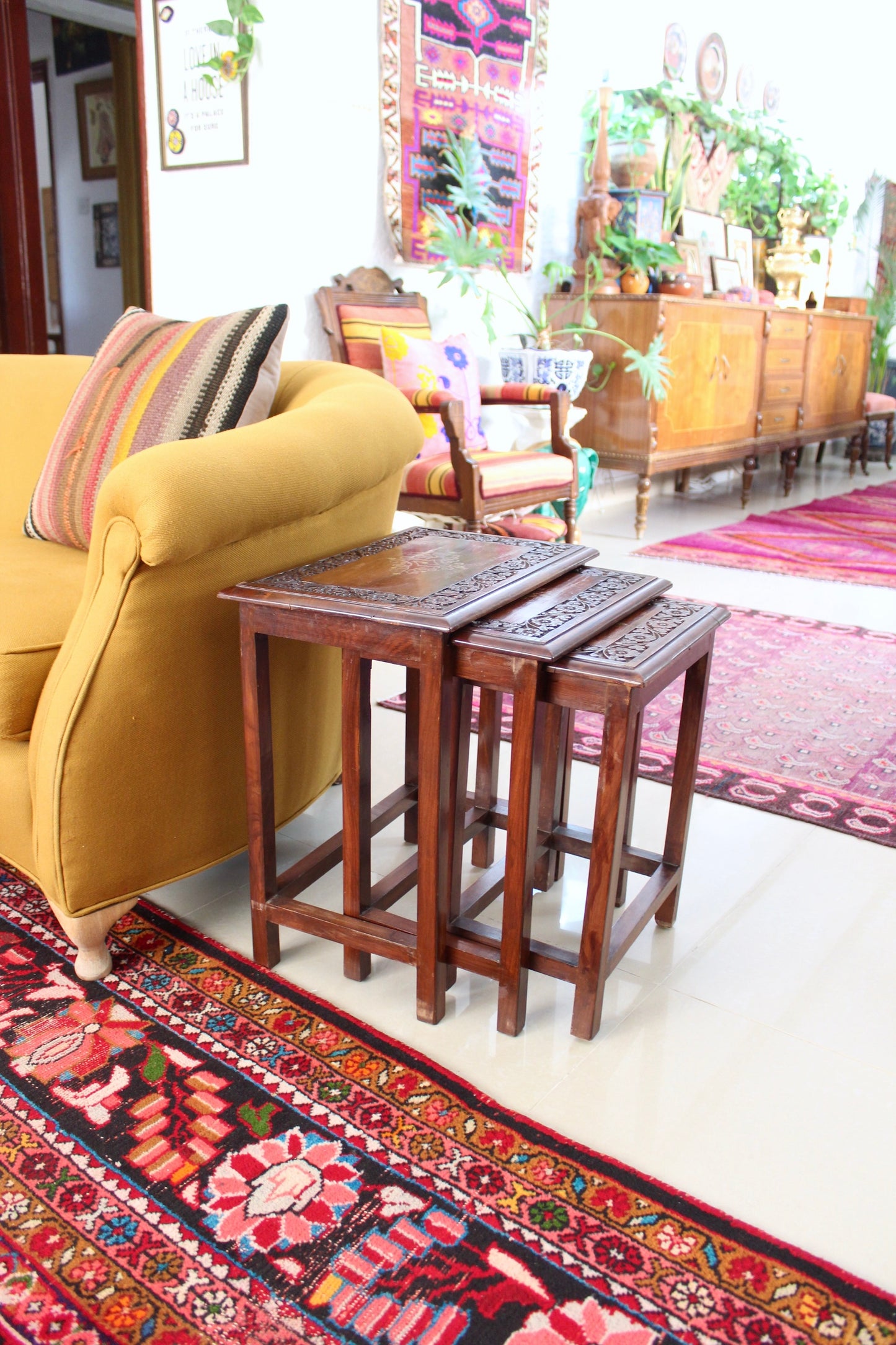 Vintage Rosewood Pakistani Carved Nesting Tables
