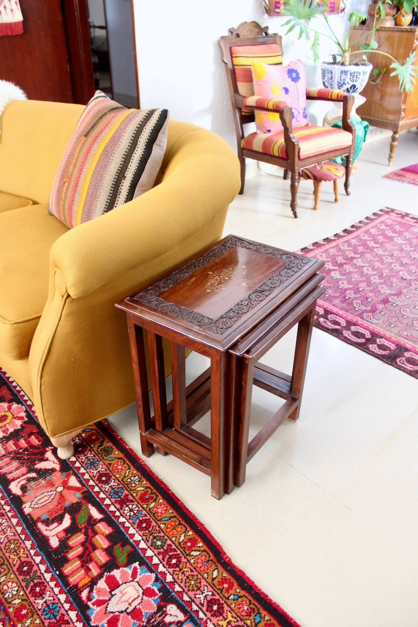 Vintage Rosewood Pakistani Carved Nesting Tables