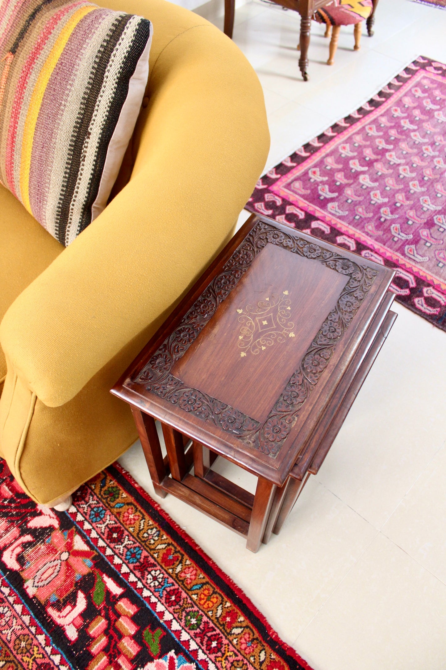 Vintage Rosewood Pakistani Carved Nesting Tables