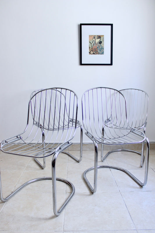 1970-1980s Sets of Four Chrome Dining Chairs