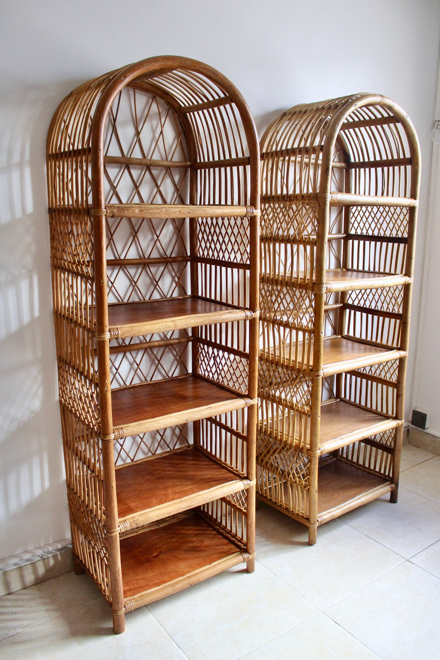1970s Rattan and Bamboo Etageres Set
