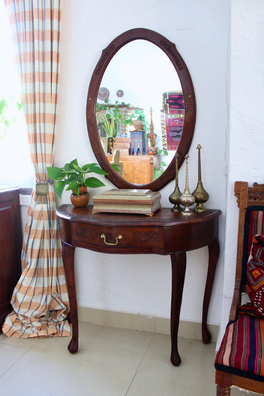 Vintage Rosewood Carved Entry Table and Matching Mirror