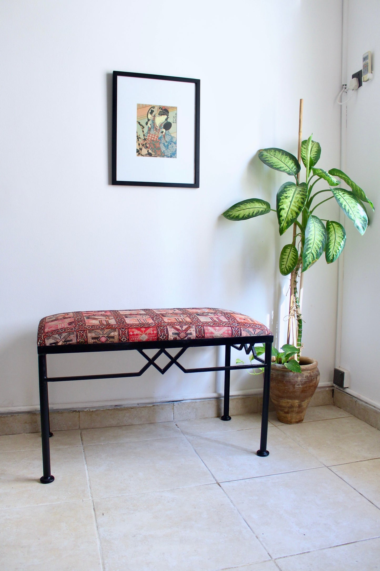 Vintage Metal Bench with Silk Sumac Embroidered Kilim Cover