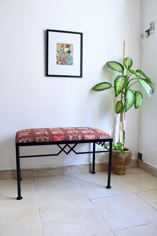 Vintage Metal Bench with Silk Sumac Embroidered Kilim Cover