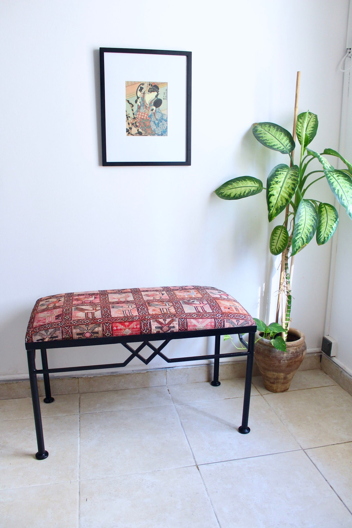 Vintage Metal Bench with Silk Sumac Embroidered Kilim Cover
