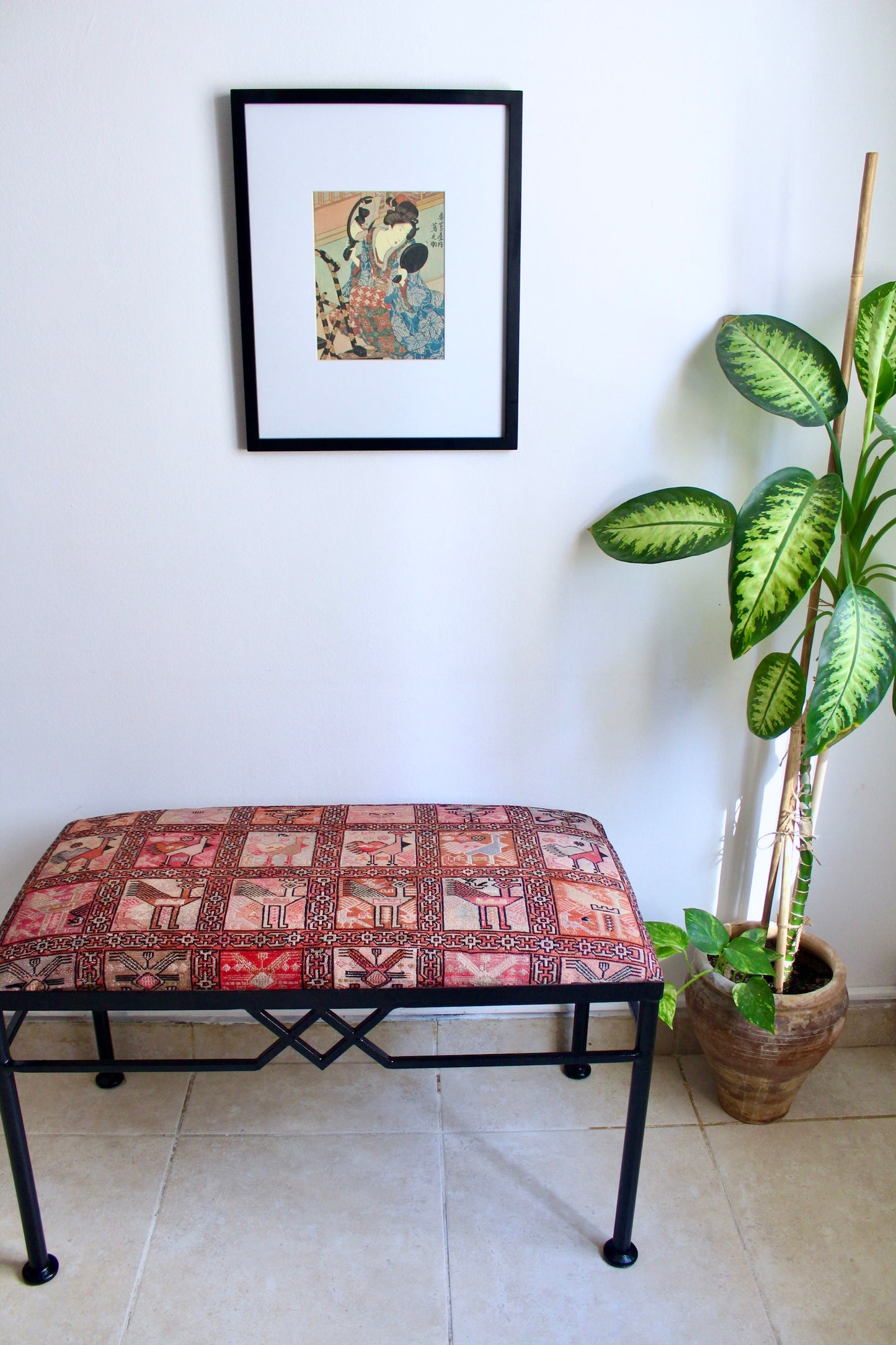 Vintage Metal Bench with Silk Sumac Embroidered Kilim Cover