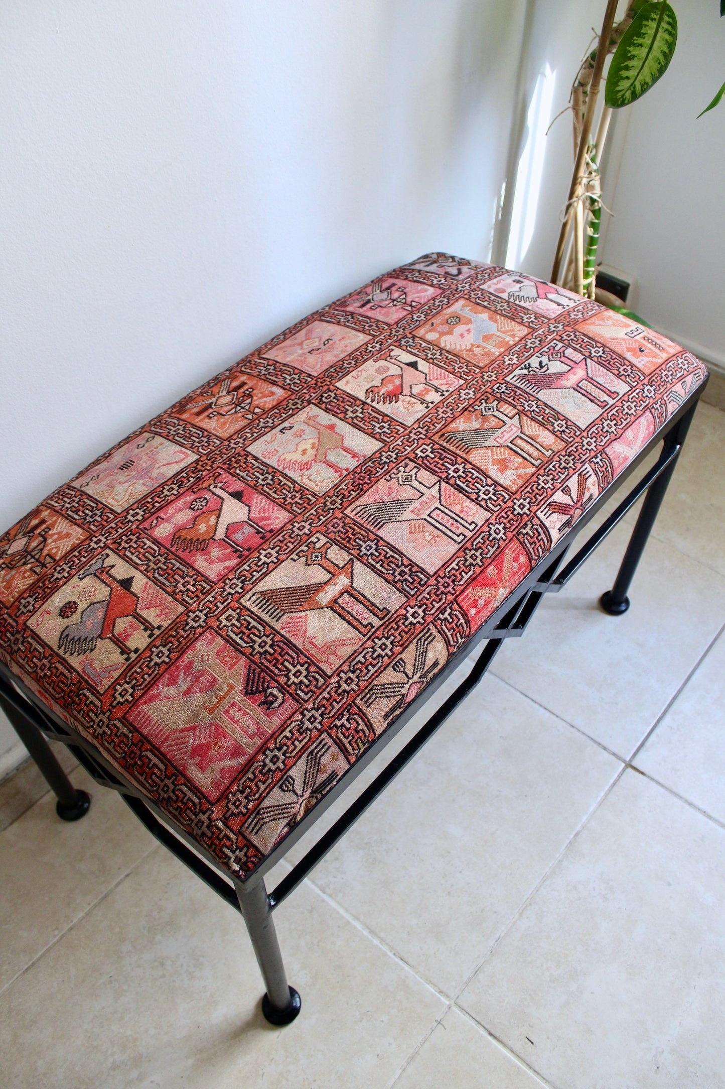 Vintage Metal Bench with Silk Sumac Embroidered Kilim Cover