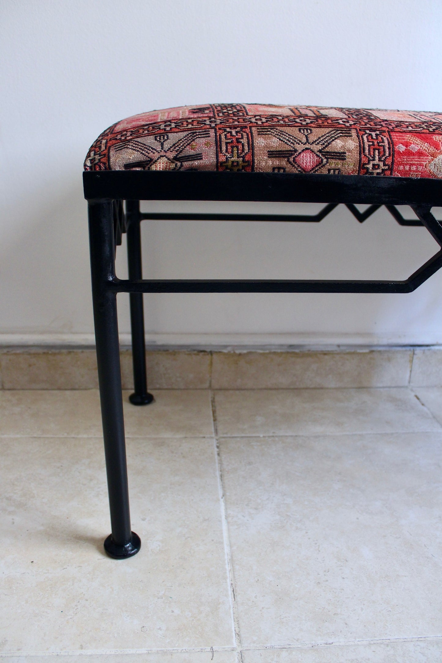 Vintage Metal Bench with Silk Sumac Embroidered Kilim Cover