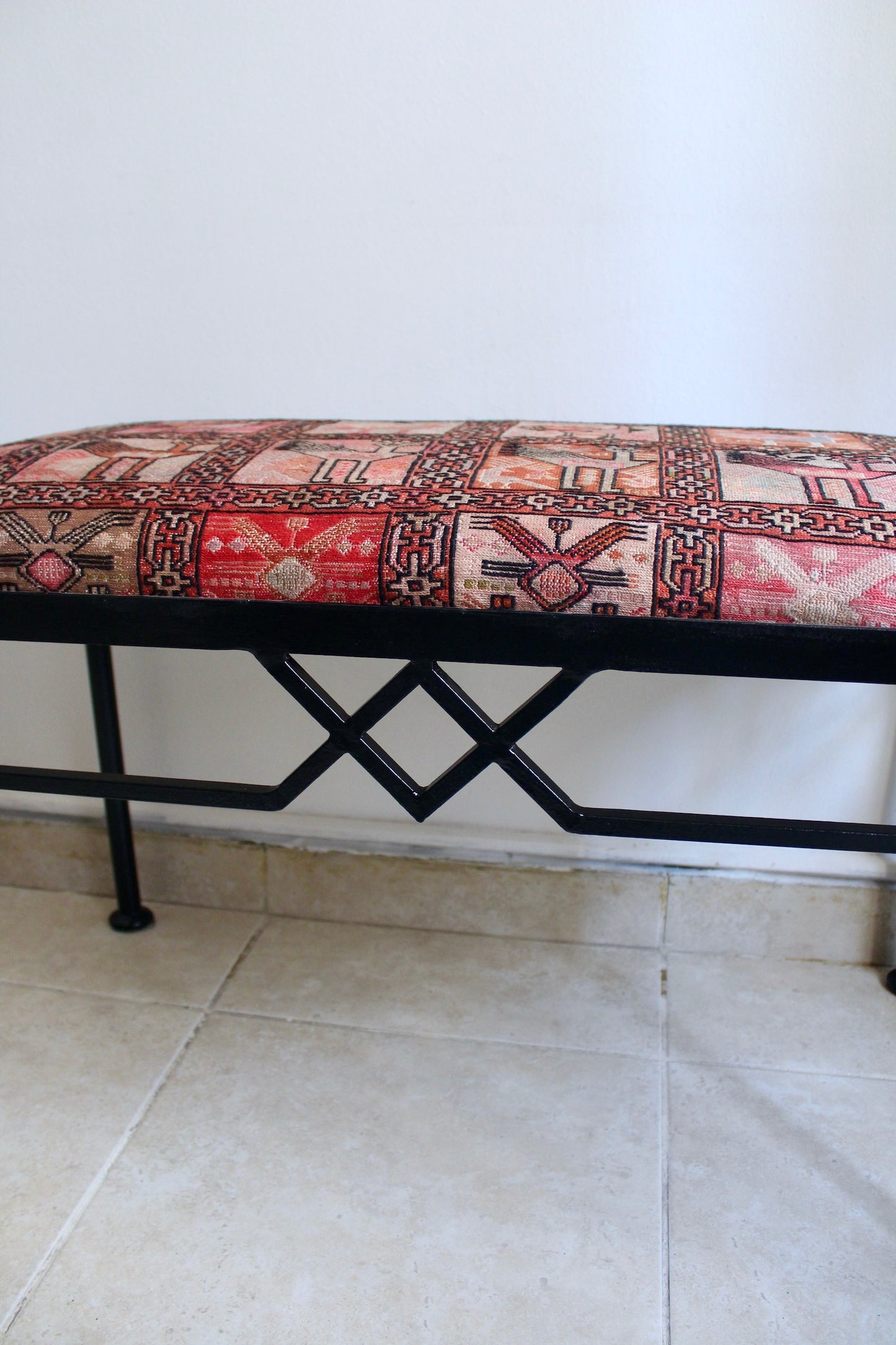 Vintage Metal Bench with Silk Sumac Embroidered Kilim Cover