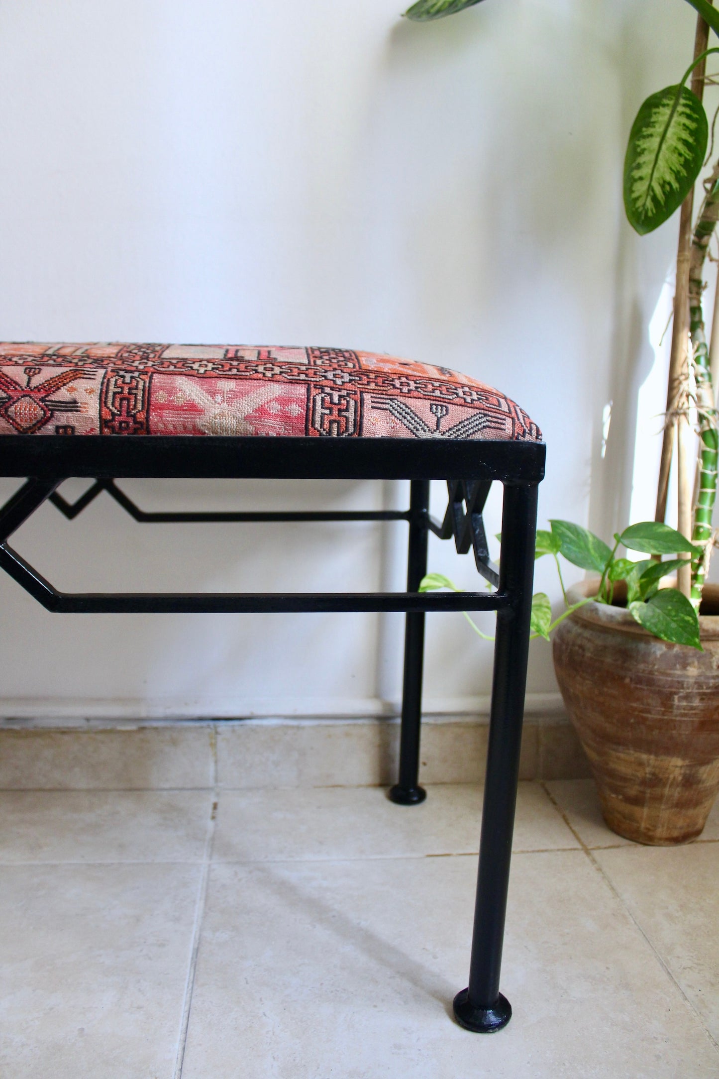 Vintage Metal Bench with Silk Sumac Embroidered Kilim Cover