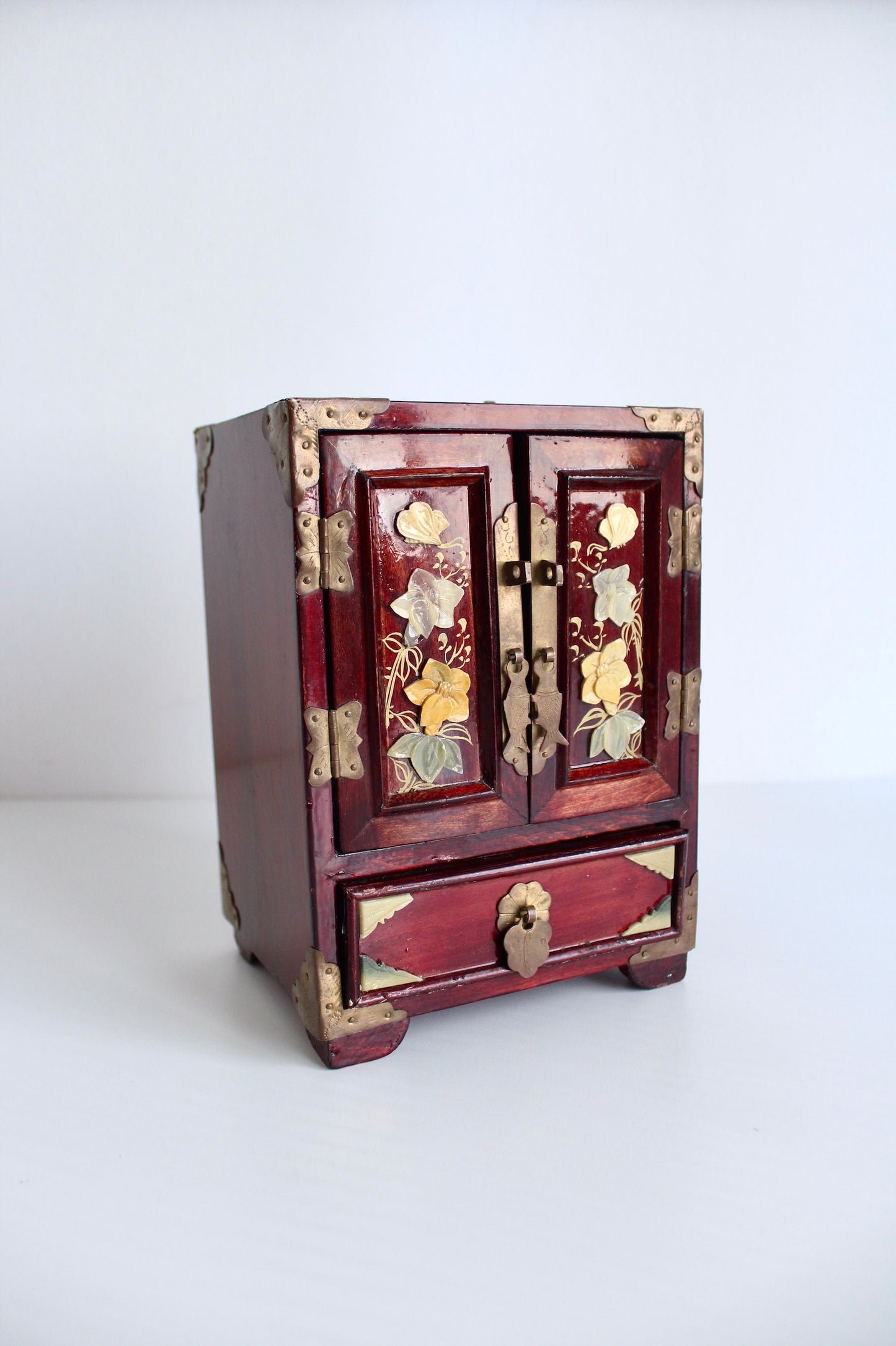 Vintage Chinese Handmade Wood and Stone Jewelry Box